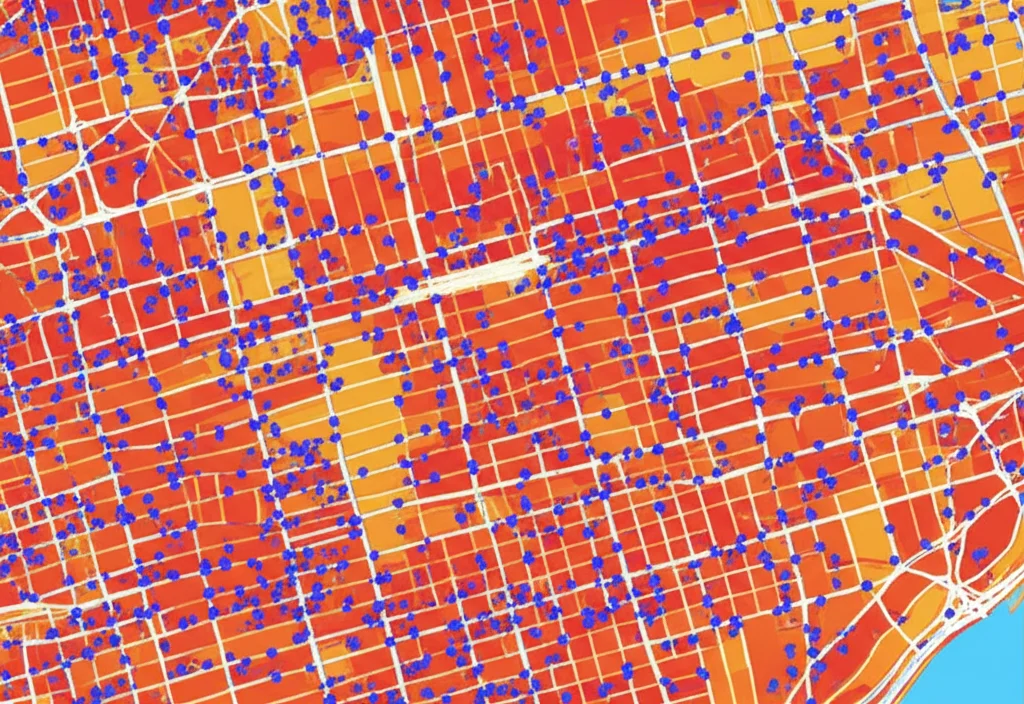 Una visualizzazione grafica di una mappa stradale di una città, con segmenti stradali colorati in diverse tonalità di rosso e arancione per indicare la densità della domanda PUDO. Piccoli punti blu brillanti sono sovrapposti per rappresentare le posizioni PUDO ottimizzate. Obiettivo grandangolare da 24mm, messa a fuoco nitida, prospettiva leggermente rialzata, per un effetto mappa informativa.