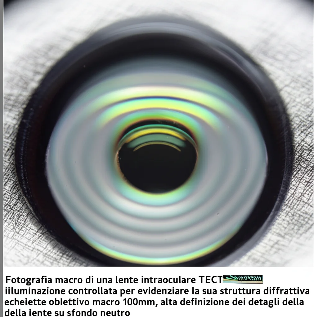 Fotografia macro di una lente intraoculare TECNIS Symfony ZXR00, illuminazione controllata per evidenziare la sua struttura diffrattiva echelette, obiettivo macro 100mm, alta definizione dei dettagli della lente su sfondo neutro.