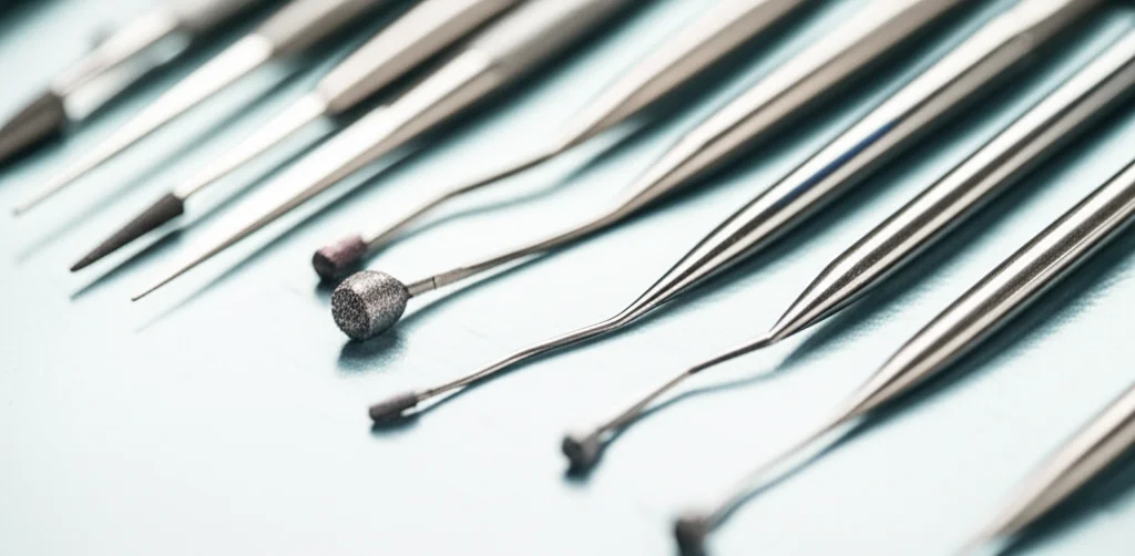 Primo piano di strumenti dentistici su un vassoio sterile, illuminazione controllata da studio, macro lens 90mm, alta definizione, focus preciso su una fresa.