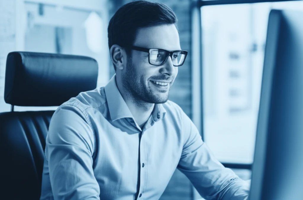 Ritratto di un uomo di circa 40 anni, sorridente e senza occhiali, mentre lavora al computer in un ufficio moderno e luminoso. Profondità di campo, obiettivo 35mm, luce naturale che entra da una finestra laterale, duotone blu e grigio per un look professionale.