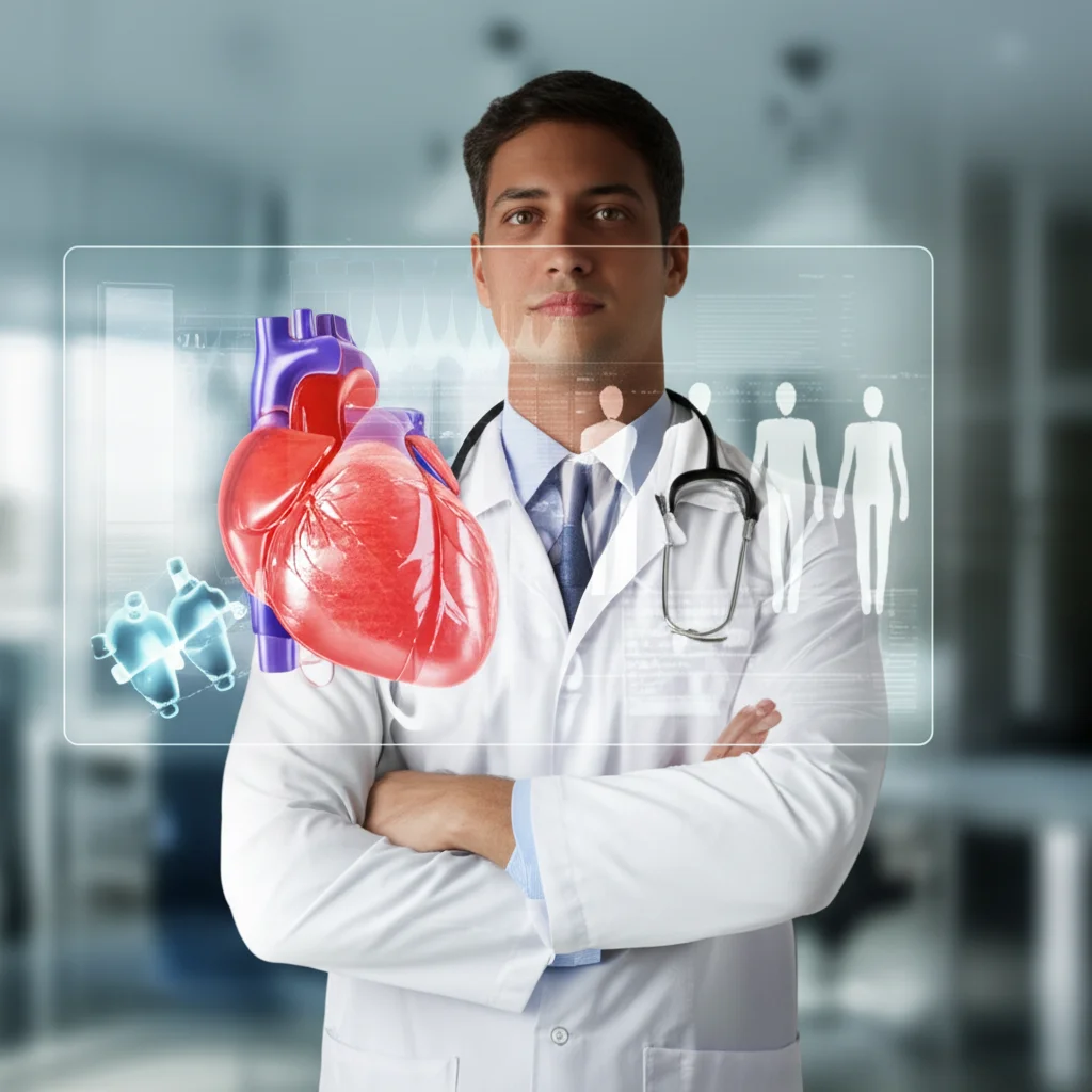 Un medico cardiologo che analizza un modello 3D fotorealistico di un cuore umano su uno schermo trasparente olografico, con le aree di fibrosi evidenziate in rosso. L'immagine è un primo piano, scattata con un obiettivo da 35mm, con un effetto di profondità di campo che sfoca leggermente lo sfondo dello studio medico. Illuminazione controllata per enfatizzare i dettagli del cuore digitale.