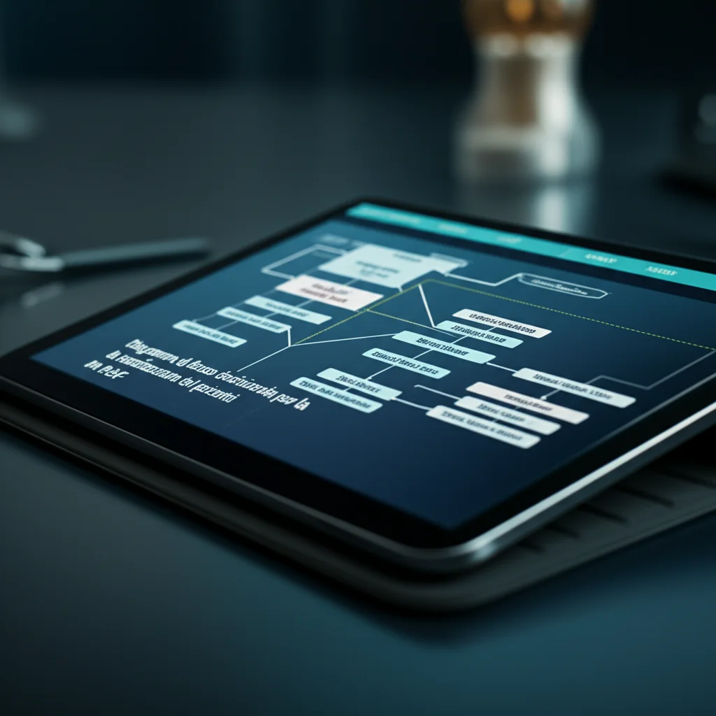 Diagramma di flusso decisionale per la stratificazione dei pazienti con PsAF, visualizzato su un tablet futuristico. L'immagine è una macro, scattata con un obiettivo da 100mm, con alta definizione dei dettagli del diagramma e illuminazione controllata per una resa professionale.