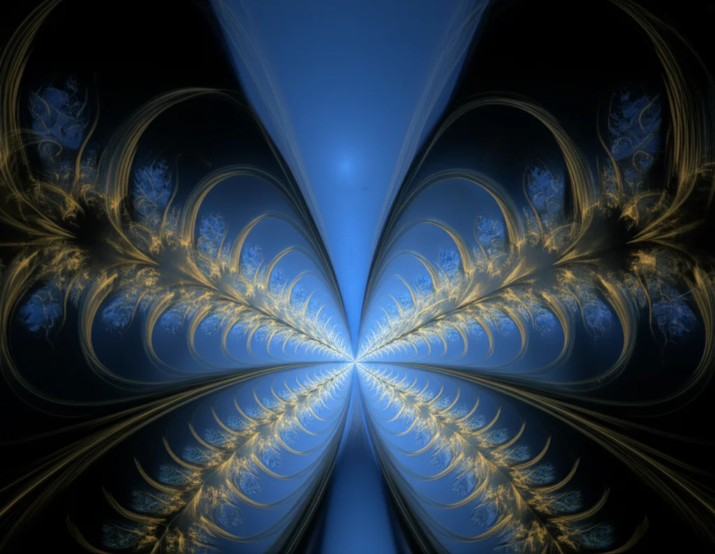 Un'immagine astratta e frattale che ricorda le ali di una farfalla, con colori blu e oro che si intersecano e formano pattern complessi, evocando lo spettro della farfalla di Kohmoto. Illuminazione drammatica, dettagli nitidi, obiettivo macro 90mm, profondità di campo.