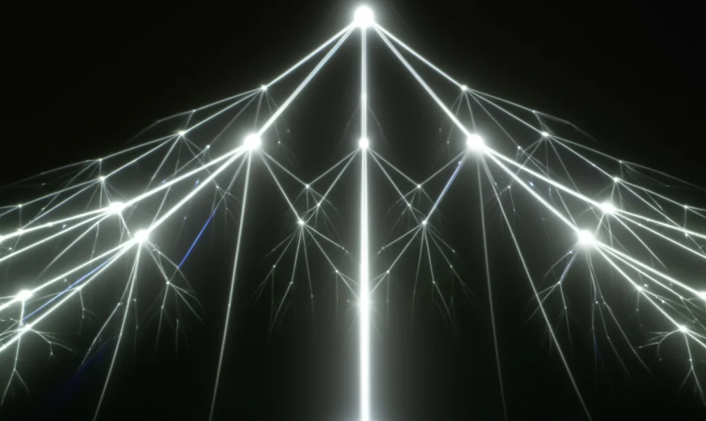 Visualizzazione 3D di un albero di Farey stilizzato, con nodi luminosi che rappresentano numeri razionali e rami che si diramano. Lo sfondo è scuro per far risaltare la struttura. Obiettivo grandangolare 15mm, lunga esposizione per scie luminose, focus nitido sui nodi principali.