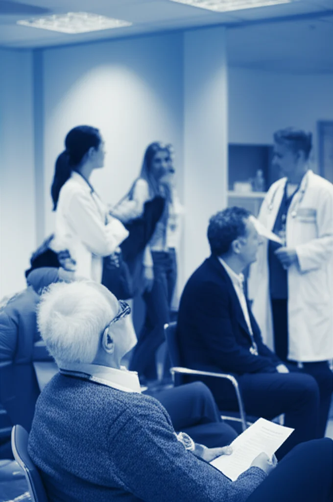 Un gruppo eterogeneo di pazienti cinesi in una sala d'attesa di un moderno ospedale oncologico, alcuni in conversazione con medici, altri in attesa. Luce soffusa e controllata, obiettivo prime da 35mm, profondità di campo che sfoca leggermente lo sfondo per concentrarsi sui volti e sulle interazioni. Duotone blu e grigio per un'atmosfera seria ma speranzosa.