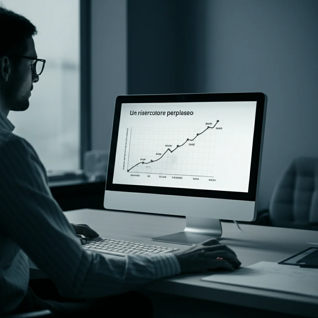 Un ricercatore perplesso guarda uno schermo di computer che mostra un grafico con una linea di tendenza in forte calo, simboleggiando la bassa aderenza alla condivisione dei dati. Prime lens, 35mm, duotone seppia e blu scuro, Depth of field.