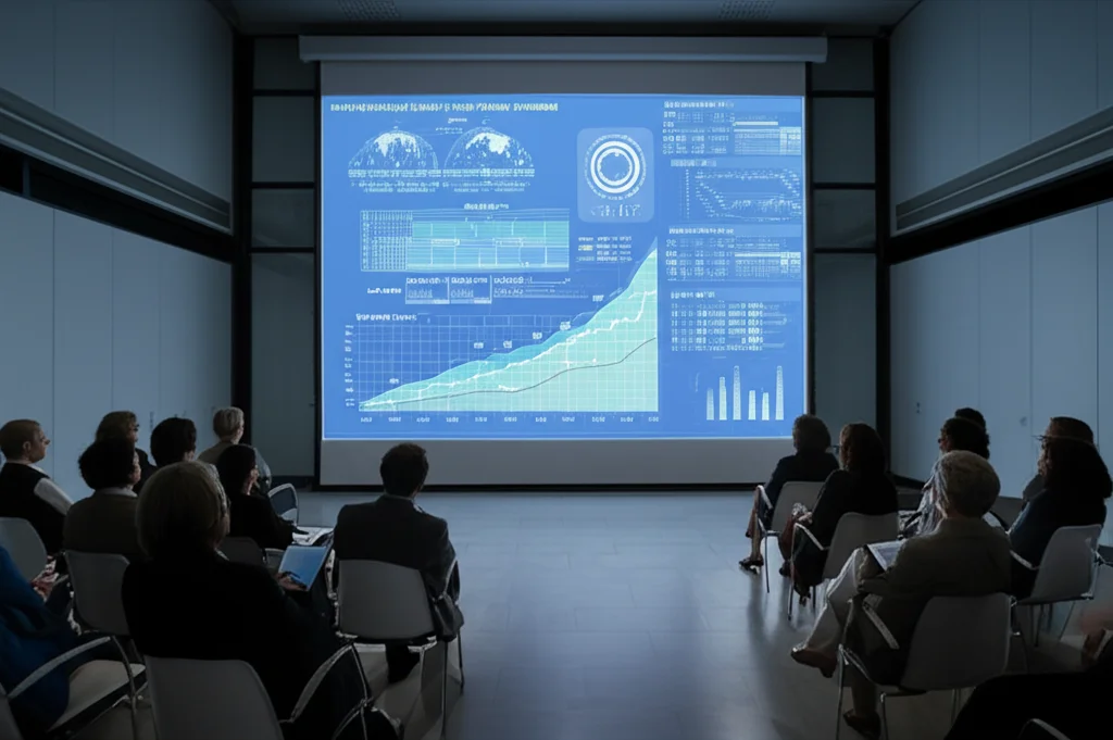 Visualizzazione grafica astratta di dati medici che mostrano curve di sopravvivenza e tassi di risposta positivi, proiettata su uno schermo in una sala conferenze high-tech. Macro lens, 100mm, alta definizione, illuminazione controllata per evidenziare i dettagli dei grafici. Focus preciso sui picchi e sulle tendenze dei dati.