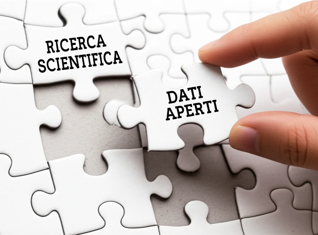 Una mano che inserisce simbolicamente un pezzo di puzzle etichettato 'Dati Aperti' in un puzzle più grande che rappresenta la 'Ricerca Scientifica'. Macro lens, 100mm, high detail, precise focusing, controlled lighting, sfondo leggermente sfocato.