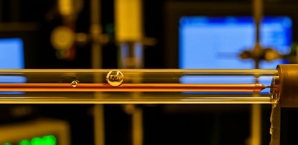 Un crogiolo di tantalio incandescente (circa 600°C) all'interno di un tubo di quarzo trasparente in un laboratorio high-tech. Si vedono chiaramente piccole goccioline di mercurio metallico che si condensano sulla parete interna più fredda del tubo, a valle del crogiolo. Illuminazione da laboratorio controllata e precisa, obiettivo macro 90mm per dettagli nitidi sulle goccioline e sulla superficie rovente del crogiolo, con un leggero effetto bokeh sullo sfondo che mostra strumentazione scientifica.