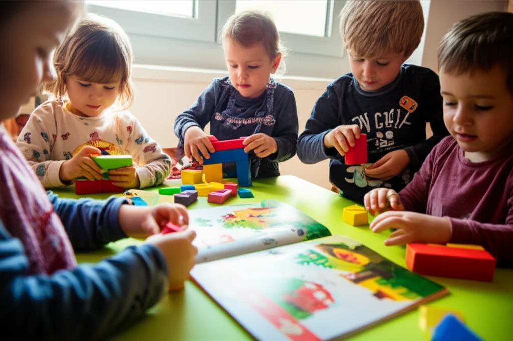 Un gruppo di bambini della scuola dell'infanzia, età 4-5 anni, seduti attorno a un tavolo basso, intenti a costruire con blocchi colorati e materiali di riciclo. Un libro di fiabe illustrato è aperto al centro del tavolo. Luce naturale da una finestra vicina. Macro lens, 60mm, high detail, precise focusing, controlled lighting.