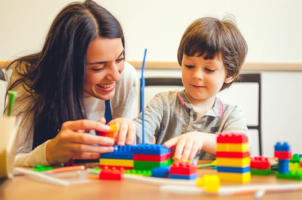 Un bambino di 5 anni mostra con orgoglio a un'insegnante un piccolo oggetto che ha costruito con pezzi di Lego e cannucce, ispirato a una storia. L'insegnante sorride incoraggiante. Zoom lens, 50mm, depth of field, luce calda e accogliente.