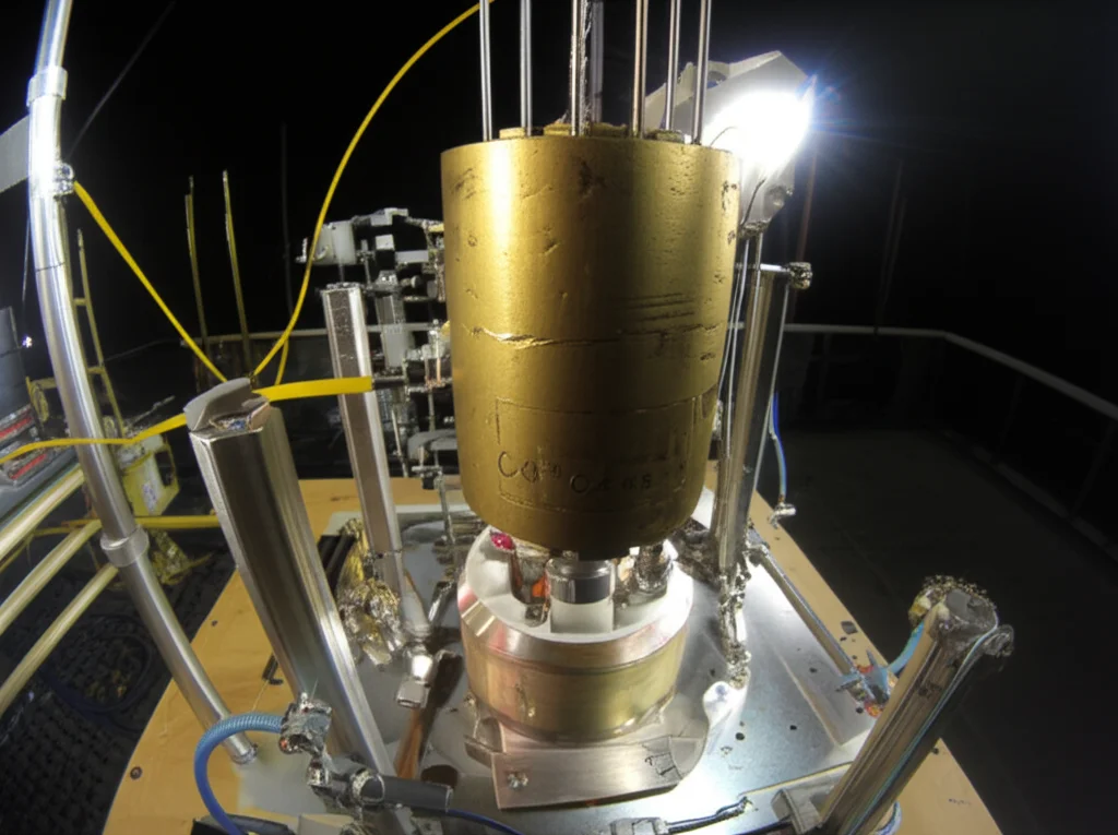 Un setup sperimentale per test di esplosione all'aperto. Al centro, un supporto metallico con un campione di materiale viscoelastico. Sopra, sospesa, una piccola carica sferica di C4. Un sensore di pressione è posizionato dietro il campione. Wide-angle, 15mm, per catturare l'intero scenario, long exposure per enfatizzare il momento dell'esplosione (se possibile stilizzarlo), sharp focus sul campione e sul sensore.