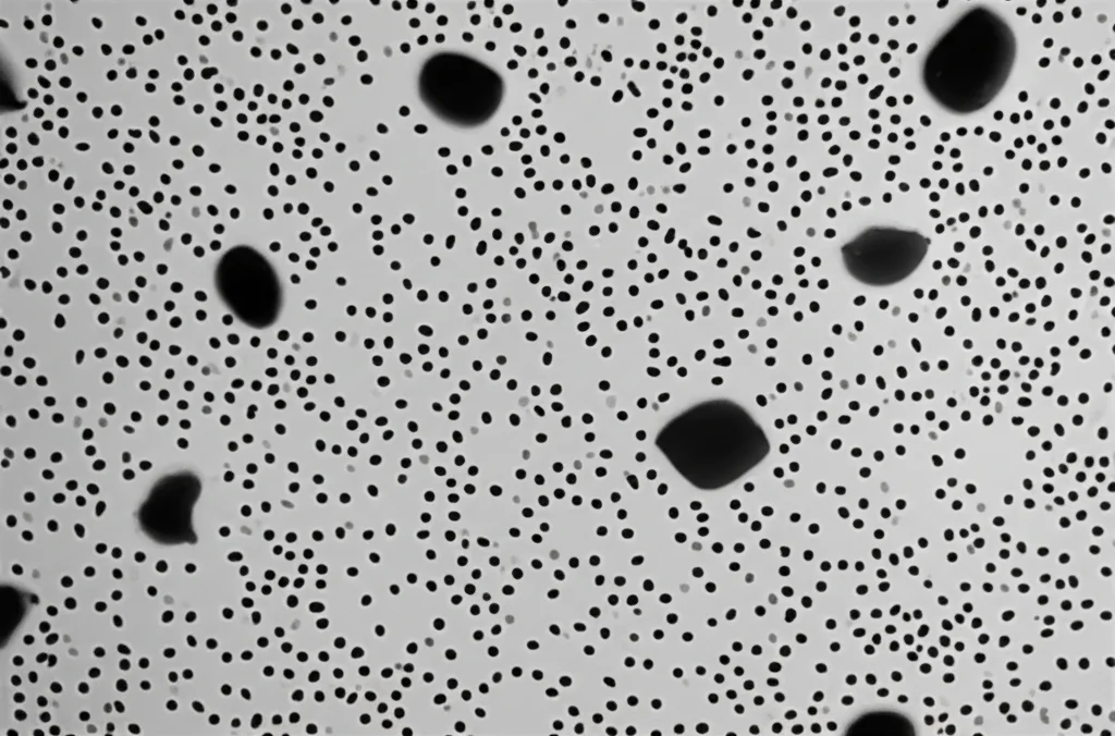 Un'immagine macro di un campione di materiale viscoelastico, come poliuretano, con nanoparticelle di grafene visibili come piccole inclusioni scure. Macro lens, 100mm, high detail, precise focusing, controlled lighting, per evidenziare la struttura interna del materiale composito e la dispersione (o l'agglomerazione) delle nanoparticelle.