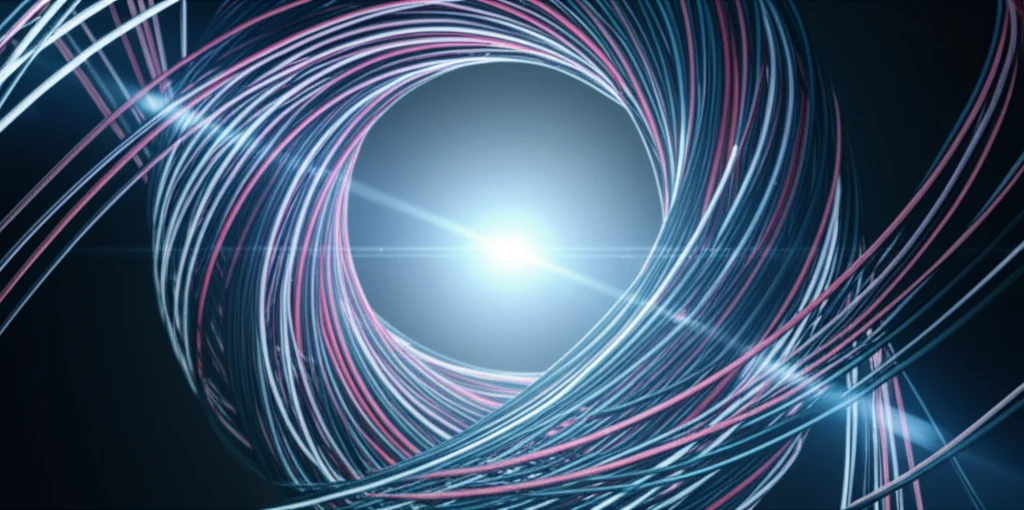 Visualizzazione astratta e fotorealistica della geometria di Born, con filamenti luminosi che rappresentano le dimensioni extra della teoria delle stringhe che si curvano e si intrecciano attorno a una forma geometrica complessa che simboleggia lo spaziotempo. Luci soffuse e un leggero effetto 'lens flare' per dare un'aria misteriosa e high-tech. Obiettivo prime, 35mm, profondità di campo accentuata per mettere a fuoco la struttura centrale.