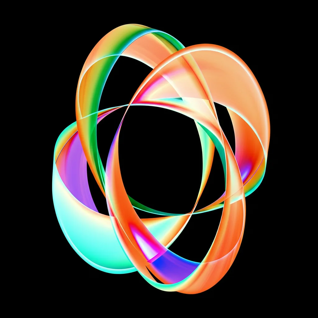 Un'immagine astratta che rappresenta gli operatori di ricorsione A, B, J come trasformazioni geometriche che agiscono su forme luminose (simboleggianti le metriche g, h e la 2-forma ω). Le relazioni A^2=B^2=-J^2=Id potrebbero essere visualizzate come cicli o simmetrie in queste trasformazioni. Obiettivo macro 85mm, illuminazione controllata per evidenziare i dettagli delle trasformazioni, sfondo scuro per far risaltare le forme.