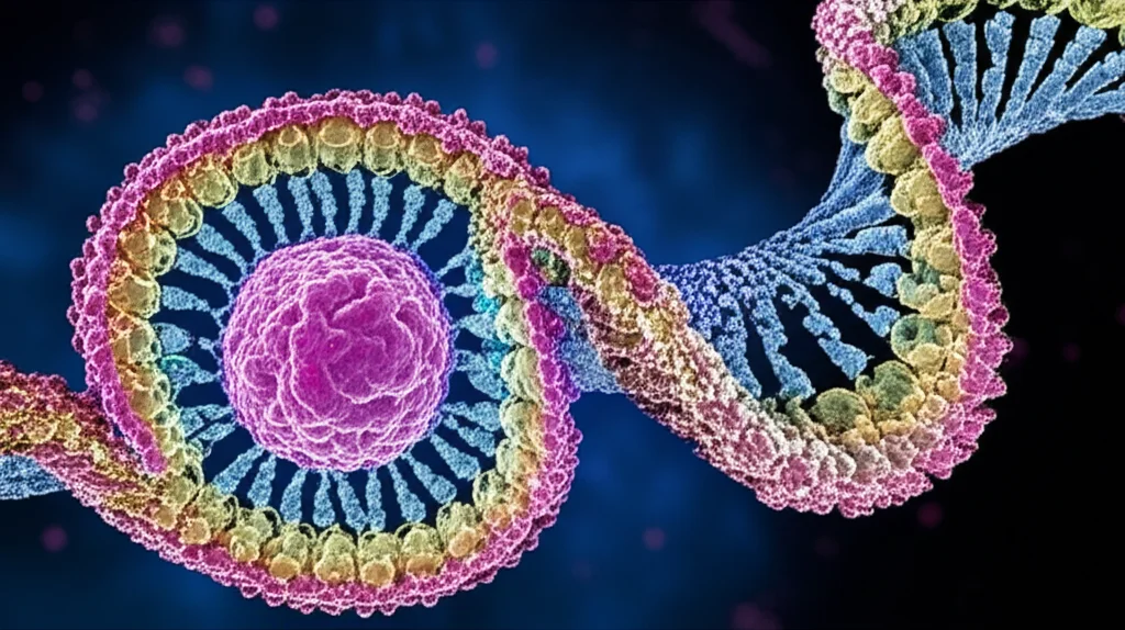 Macro lens, 60mm, high detail, precise focusing, controlled lighting, visualizzazione artistica di molecole di RNA circolari (circRNA) e microRNA (miRNA) che interagiscono all'interno di una cellula, con colori vivaci che ne evidenziano le strutture complesse e le interazioni.