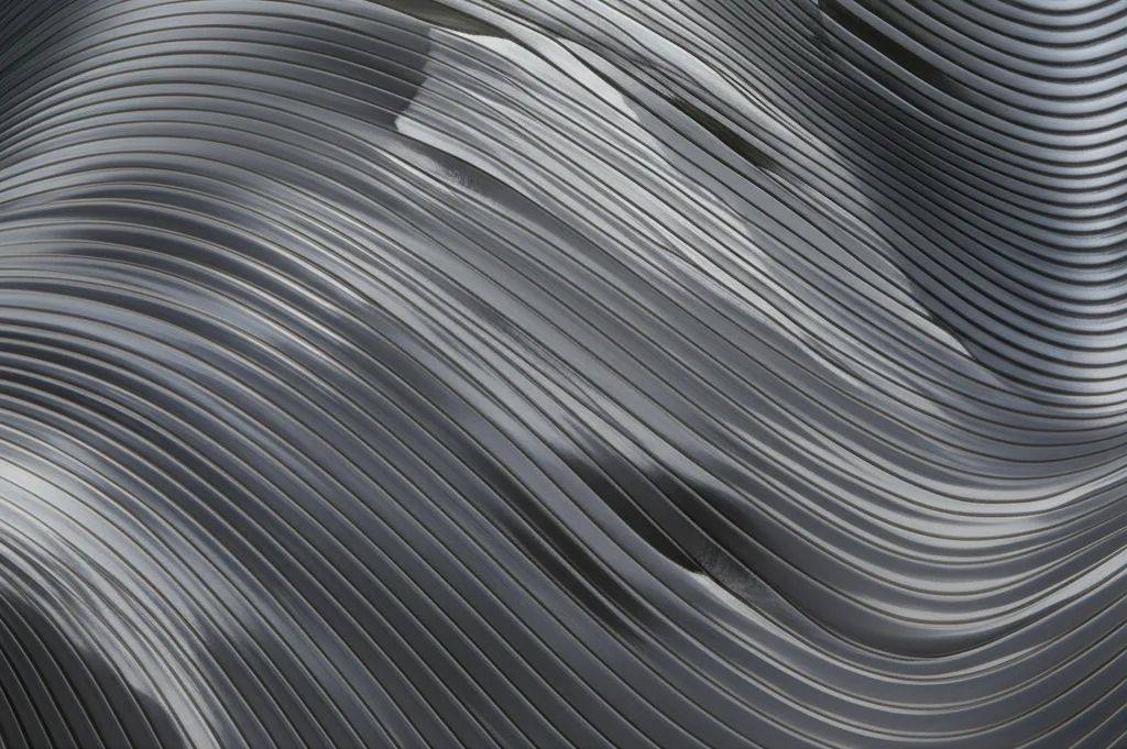 Una nilvarietà visualizzata come una superficie complessa e auto-intersecantesi ma con una struttura regolare e ripetitiva a livello locale, che suggerisce la sua costruzione da un gruppo di Lie nilpotente. Potrebbe avere una texture che ricorda un frattale liscio, con sovrapposte le linee di flusso delle foliazioni Lagrangiane. Obiettivo grandangolare 24mm per catturare l'estensione della varietà, messa a fuoco nitida, luce ambientale diffusa.