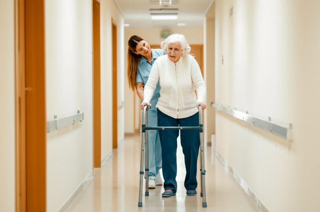 Una terapista occupazionale sorridente mostra a un'anziana signora come utilizzare un ausilio per la deambulazione in un corridoio luminoso e privo di ostacoli. Telephoto zoom, 100mm, action or movement tracking per cogliere il dinamismo, luce calda e rassicurante.
