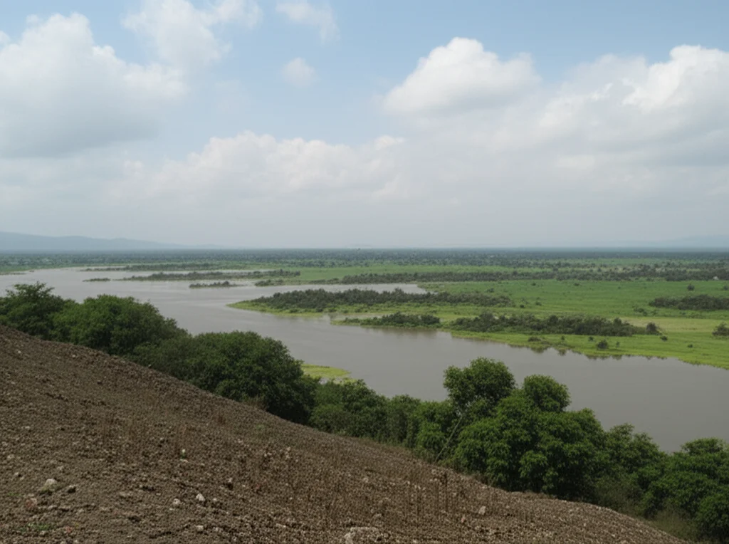 Angolo largo del paesaggio 10 mm, una vista espansiva di uno stagno di sterili per l'uranio a Jaduguda, in India, con un po 'di vegetazione che cresce sulle parti asciutte, sotto un cielo leggermente nuvoloso, focus acuto, trasmettendo la scala del sistema di sequestro ingegnerizzato.