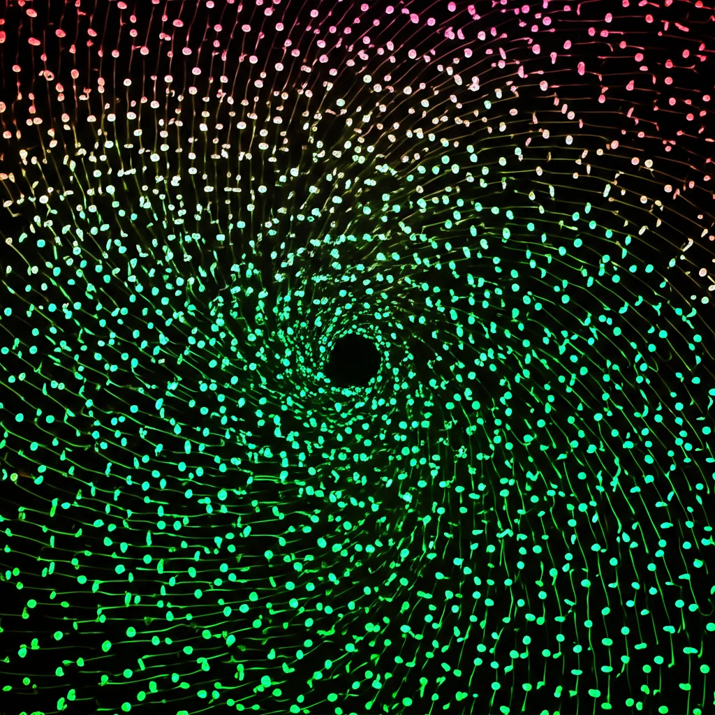 Visualizzazione astratta di un reticolo quantistico bidimensionale durante una transizione di fase topologica. Linee luminose rappresentano le stringhe di Fredenhagen-Marcu che si estendono attraverso il reticolo, con particelle eccitate alle loro estremità. L'immagine dovrebbe avere un'alta definizione e un'illuminazione controllata per evidenziare i dettagli delle stringhe e del reticolo. Obiettivo macro da 100mm, high detail, precise focusing.