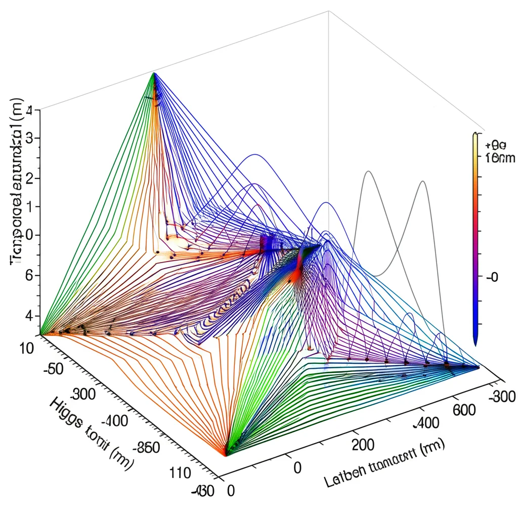 Diagramma di fase astratto del codice torico in un campo magnetico, visualizzato come un paesaggio montuoso tridimensionale. Le diverse fasi (codice torico, Higgs, confinata) sono rappresentate da valli e picchi colorati. Linee luminose indicano i percorsi delle transizioni di fase. Obiettivo grandangolare da 15mm, long exposure per un effetto etereo, sharp focus sulle linee di transizione.