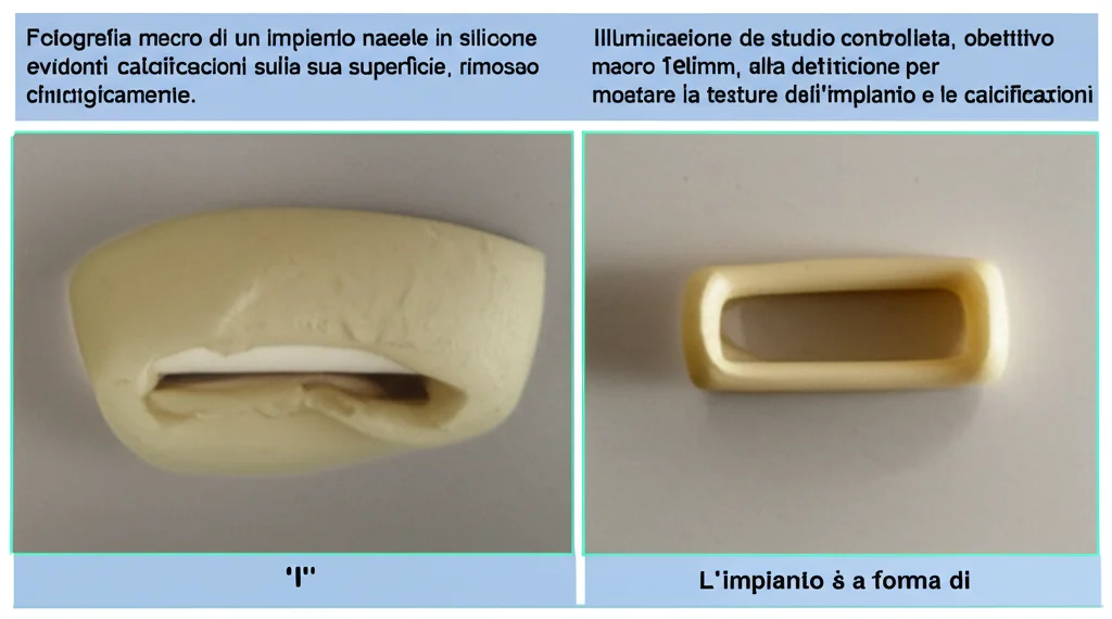 Fotografia macro di un impianto nasale in silicone, con evidenti calcificazioni sulla sua superficie, rimosso chirurgicamente. L'impianto è a forma di 'I'. Illuminazione da studio controllata, obiettivo macro 100mm, alta definizione per mostrare la texture dell'impianto e le calcificazioni.