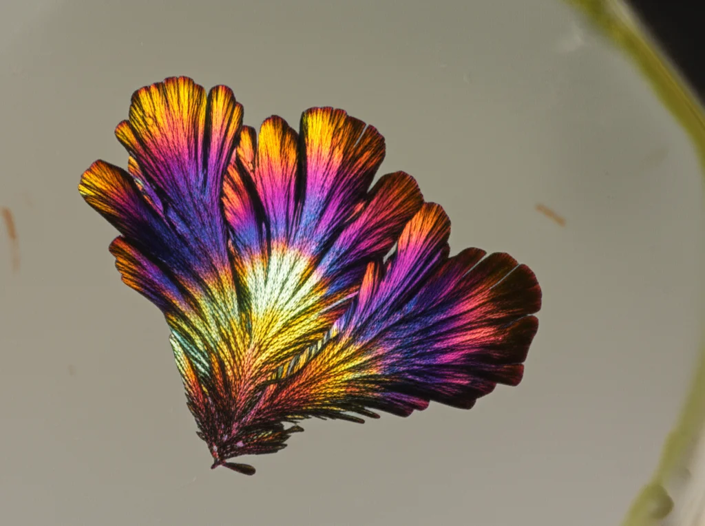 Macro fotografia di cristalli colorati di un nuovo composto antincendio (DPPF)ZnX2, 100mm Macro lens, alta definizione, illuminazione da studio controllata, su un vetrino da microscopio.