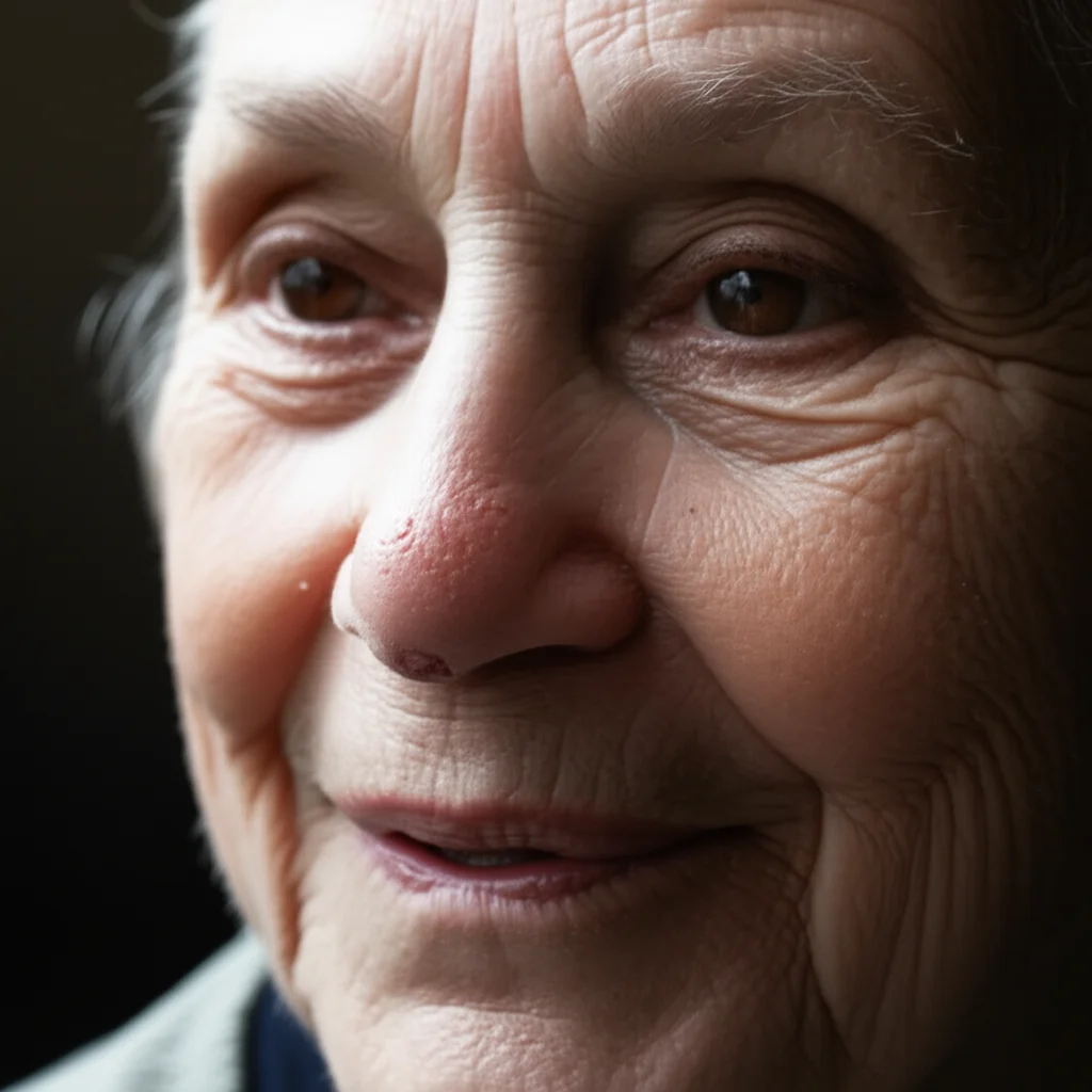 Ritratto di una persona anziana che mostra una cicatrice guarita sulla punta del naso dopo la rimozione di un impianto. Obiettivo da ritratto 35mm, luce naturale soffusa, profondità di campo per mettere a fuoco il naso ma mantenere un contesto umano.