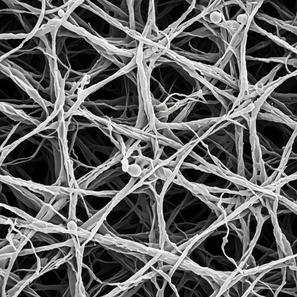 Visualizzazione scientifica astratta della pirolisi della cellulosa inibita da molecole di (DPPF)ZnX2, con particelle che interagiscono su una superficie fibrosa, macro lens 60mm, illuminazione drammatica per evidenziare le interazioni.