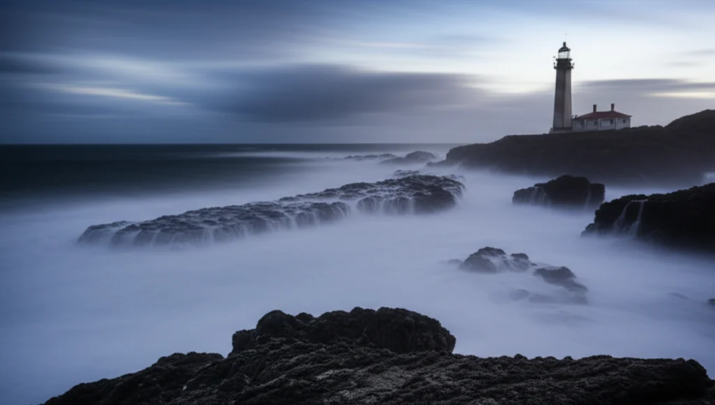 Grande angolo, una drammatica scena costiera durante un'ondata di tempesta con onde potenti illuminate da un faro lontano, lente da 14 mm, una lunga esposizione per il movimento dell'acqua liscio ma onde affilate, catturando la potenza grezza della natura e la necessità di previsioni accurate.