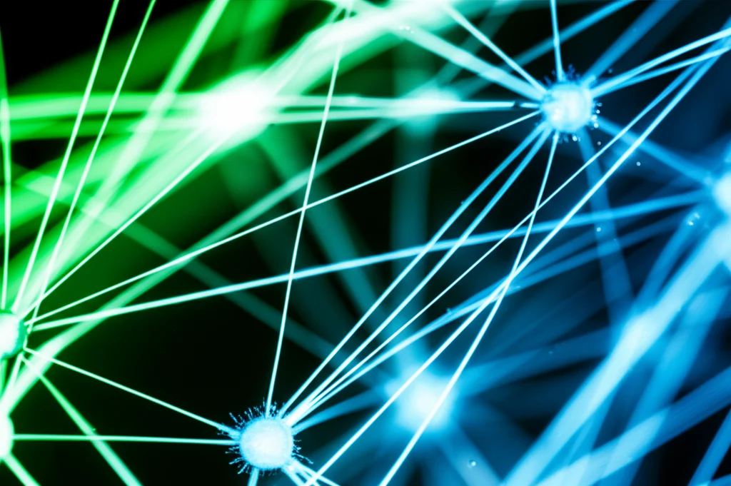 Fotografia a oggetti, una rappresentazione brillante e astratta di una rete neurale o connessioni di dati complesse, lenti macro, 80 mm, dettagli elevati, messa a fuoco precisa, illuminazione controllata con toni verdi blu ed elettrici freddi per suggerire la tecnologia e il flusso di dati.