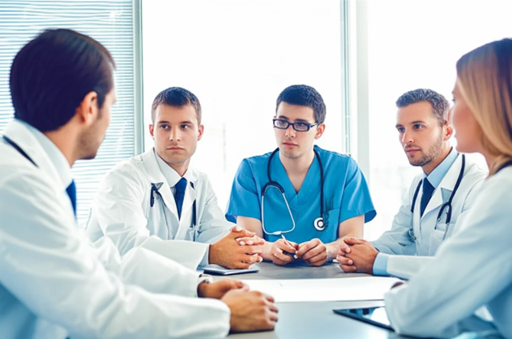 Immagine di un team multidisciplinare di medici e un giovane paziente seduti attorno a un tavolo, che discutono un piano di cura. Luce naturale da una finestra, focus sui volti attenti, obiettivo 50mm, atmosfera collaborativa.