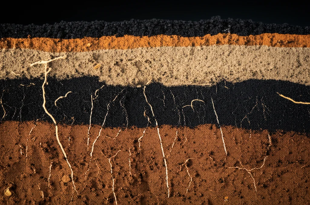 Macro fotografia di un profilo di suolo forestale tropicale, mostrando strati di diverso colore e tessitura, con radici sottili visibili, illuminazione controllata per evidenziare i dettagli, obiettivo macro 60mm.