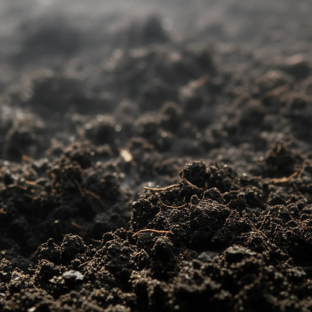 Fotografia macro di aggregati di suolo scuro e umido, ricchi di materia organica, con una leggera foschia che suggerisce umidità, illuminazione laterale per creare texture, obiettivo macro 100mm, alta definizione.