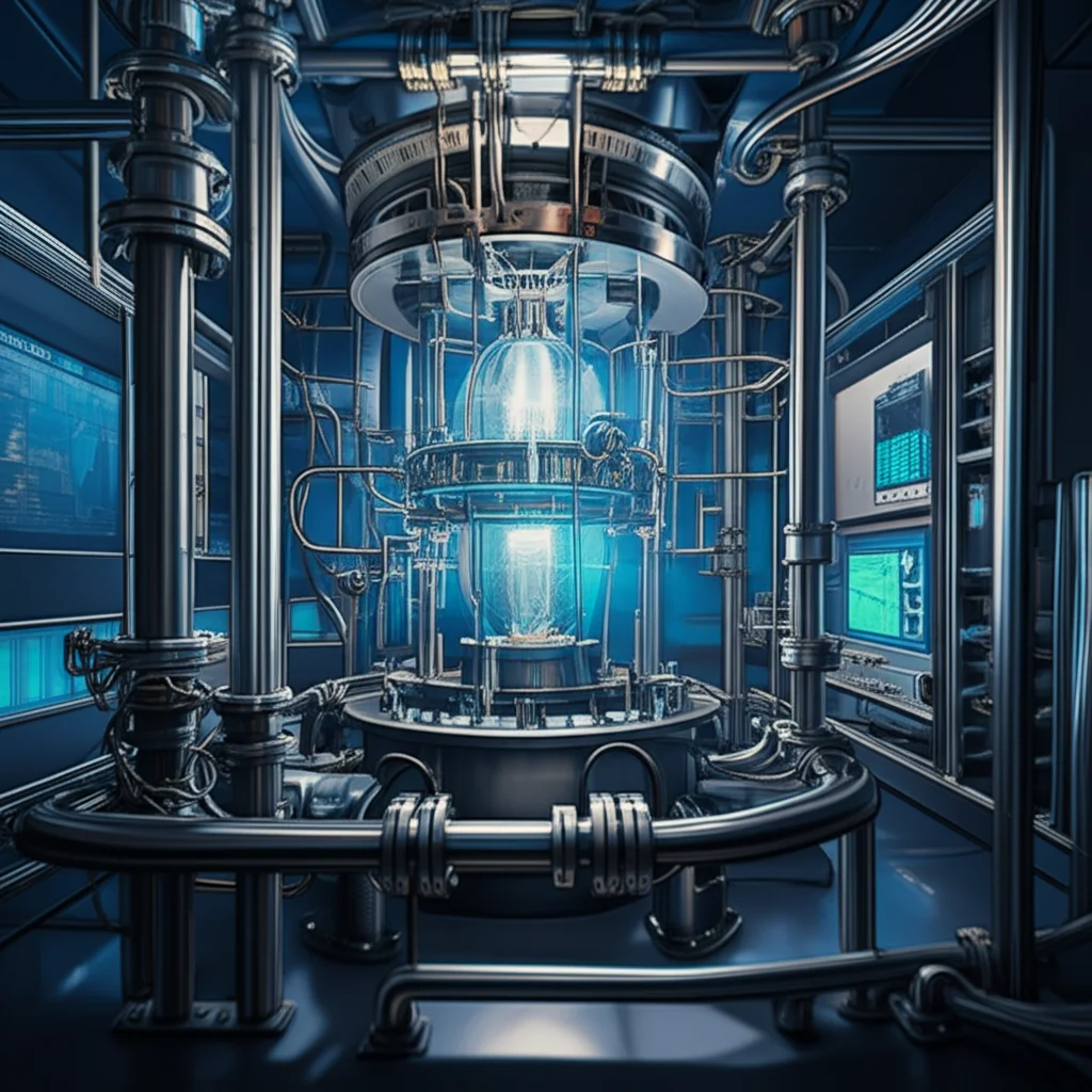 Un reattore ARA sperimentale in un laboratorio high-tech, con tubazioni in acciaio lucido, valvole complesse e schermi di controllo che mostrano grafici di temperatura e pressione. Macro lens, 80mm, high detail, precise focusing, controlled lighting, per evidenziare la complessità e la precisione dell'apparato.