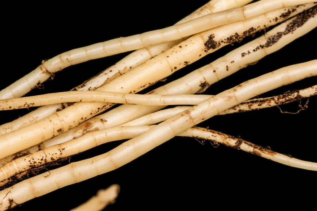 Macro fotografia di radici di mais infestate da nematodi, 100mm Macro lens, alta definizione, illuminazione controllata per evidenziare le lesioni scure e necrotiche sulle radici chiare, con alcuni nematodi visibili come piccoli filamenti se possibile.