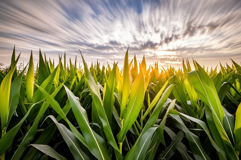 Campo di mais rigoglioso al tramonto, landscape wide angle 15mm, con il sole che filtra tra le foglie verdi intense, creando un effetto di luce dorata, cielo con nuvole soffuse, long exposure per un effetto setoso.
