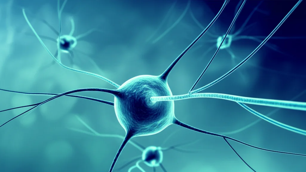 Immagine concettuale dell'asse intestino-cervello, con neuroni stilizzati che si connettono a una rappresentazione del microbiota intestinale. Prime lens 35mm, depth of field, duotone blu e verde acqua, per un effetto scientifico ma artistico.