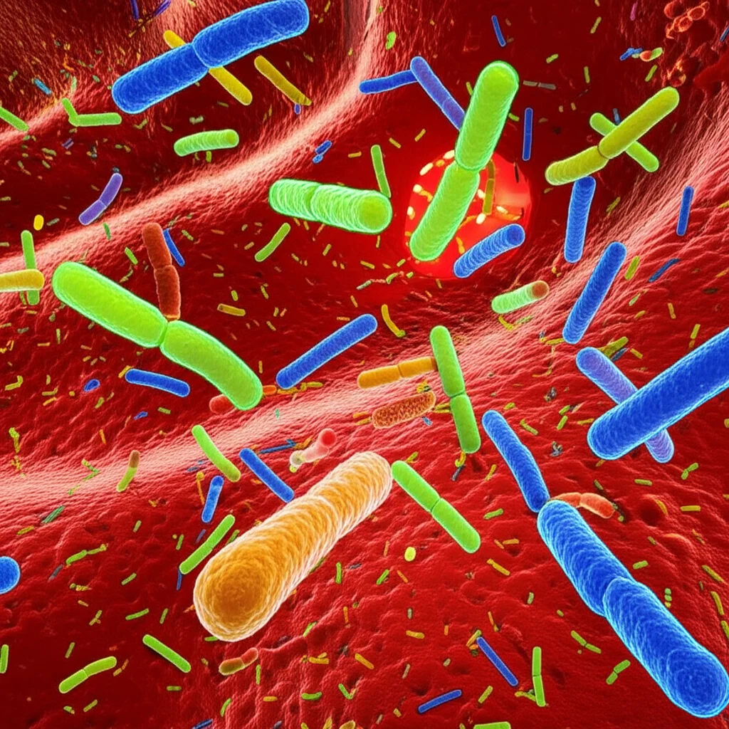 Visualizzazione artistica e dettagliata del microbiota intestinale, con diversi tipi di batteri colorati. Macro lens 100mm, high detail, precise focusing, controlled lighting, per evidenziare la diversità batterica.