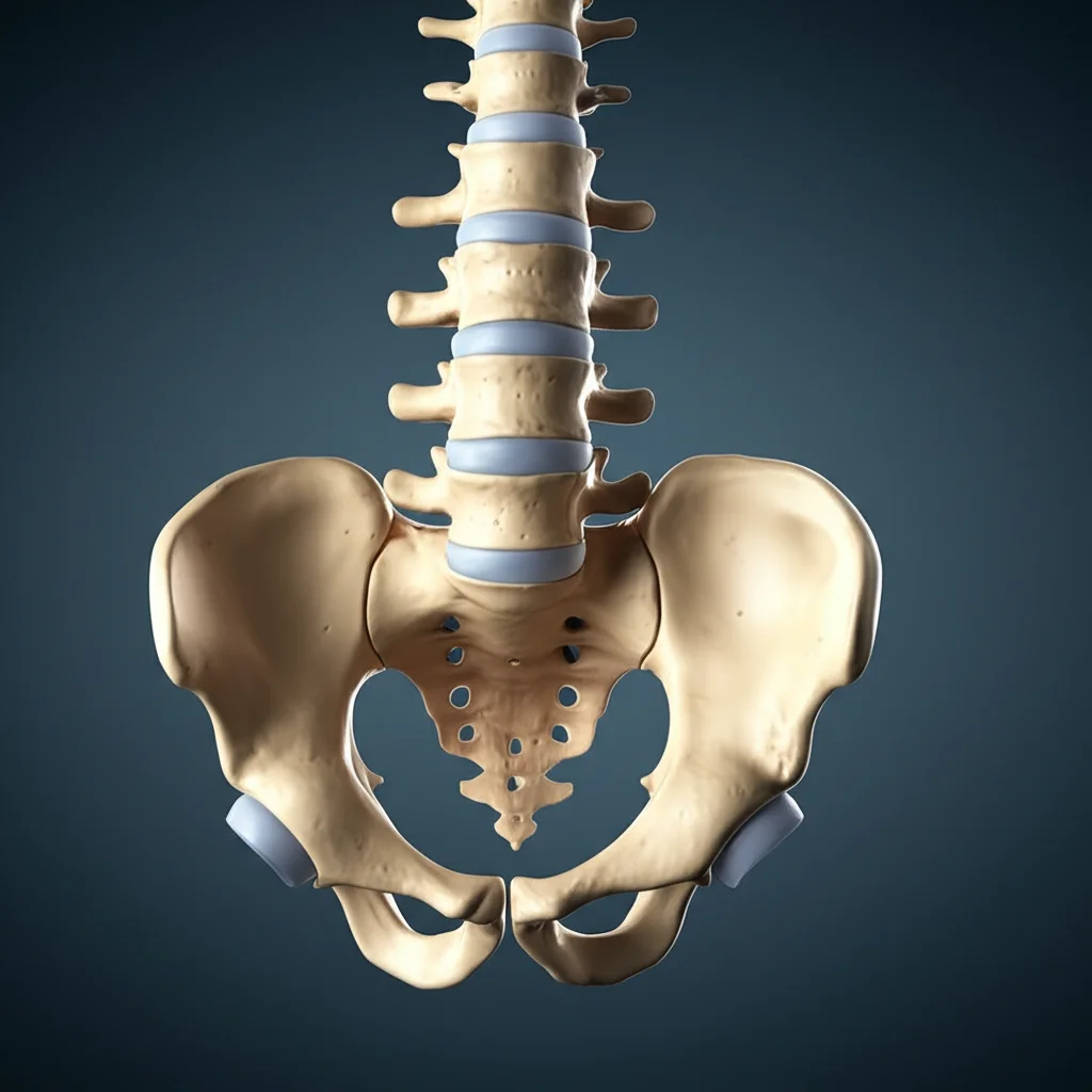 Un modello anatomico 3D altamente dettagliato della colonna vertebrale lombare che mostra i dischi intervertebrali, uno dei quali evidenzia segni di degenerazione come erniazione o assottigliamento. Illuminazione da studio controllata, lente macro 90mm per enfatizzare i dettagli, sfondo neutro per focus scientifico.