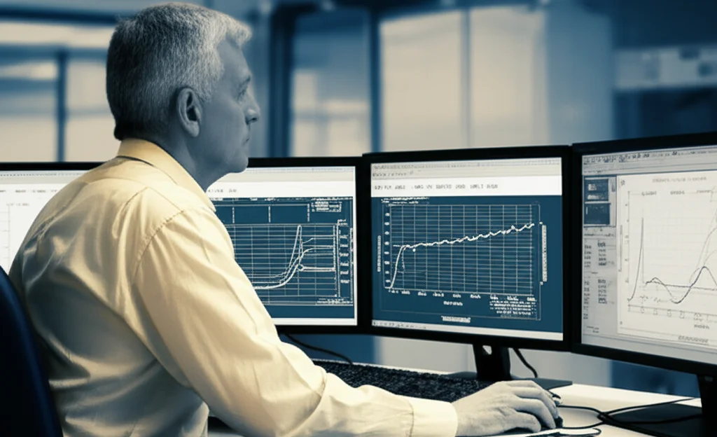Un ingegnere petrolifero, uomo di circa 45 anni, osserva concentrato un monitor che mostra curve log-log di pressione e derivata di pressione, tipiche di un well test. L'ambiente è una control room di un impianto. Prime lens, 35mm, depth of field, duotone seppia e blu scuro.