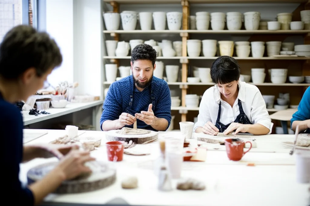 Un gruppo eterogeneo di persone di mezza età e anziani partecipa con concentrazione e un sorriso accennato a un laboratorio di ceramica in uno studio luminoso e accogliente. Alcuni modellano l'argilla, altri dipingono pezzi già cotti. Macro lens, 60mm, high detail, precise focusing, controlled lighting per evidenziare le texture dell'argilla e dei colori.