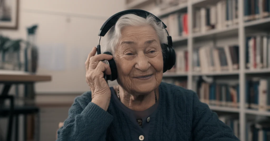 Una donna anziana sorride con gli occhi chiusi mentre ascolta musica con delle cuffie in un ambiente sereno, forse una sala prove o una biblioteca. Luce calda e soffusa. Prime lens, 35mm, depth of field, duotone blu e grigio per un'atmosfera rilassante.