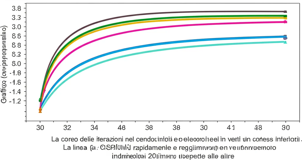 Grafico di convergenza comparativo che mostra più linee colorate (ognuna rappresentante un algoritmo) che scendono verso valori di fitness inferiori nel corso delle iterazioni. La linea di GPSOM (magari in un colore vivace) scende più rapidamente e raggiunge un valore inferiore rispetto alle altre. Wide-angle 20mm, sharp focus su tutto il grafico, illuminazione uniforme.