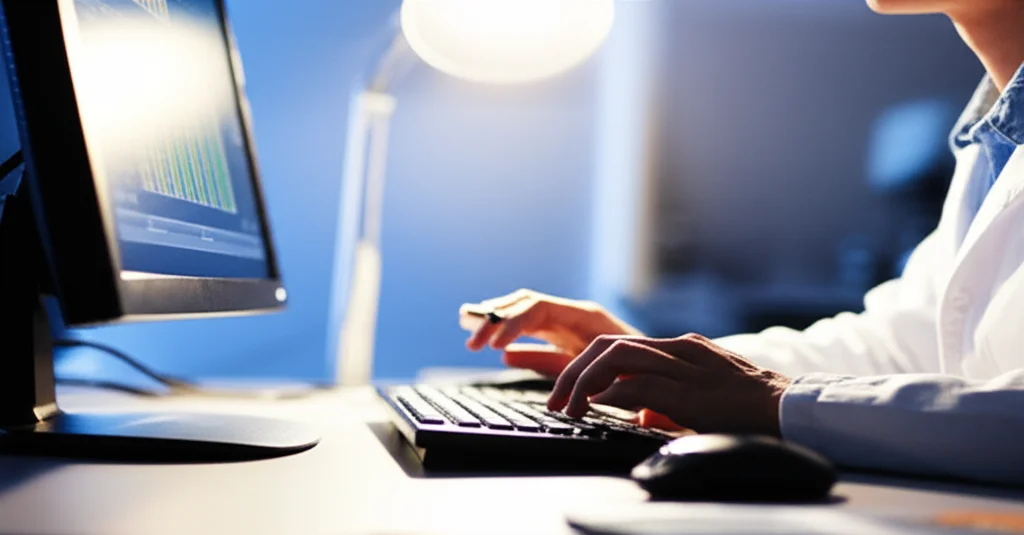 Un ricercatore o una ricercatrice in un laboratorio moderno, intento ad analizzare dati su un computer con grafici complessi visibili sullo schermo, illuminazione controllata, obiettivo macro da 60mm per dettagli precisi sulle mani e sulla tastiera, profondità di campo che sfoca leggermente lo sfondo.