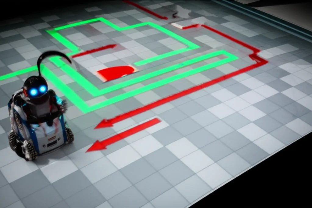 Un piccolo robot mobile stilizzato che naviga un percorso ottimizzato su una mappa a griglia 2D visualizzata su uno schermo. Il percorso è evidenziato in verde brillante, evitando ostacoli rossi. Telephoto zoom 150mm, fast shutter speed per un'immagine nitida del robot, action tracking per suggerire il movimento, illuminazione da studio focalizzata sulla scena.
