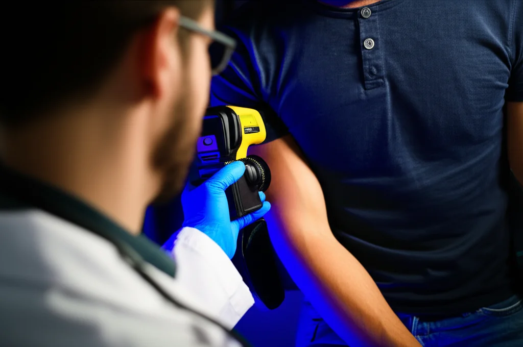 Un medico in un ambiente di pronto soccorso scarsamente illuminato utilizza una termocamera a infrarossi su un paziente. L'immagine termica è visibile sullo schermo della termocamera, mostrando gradienti di colore dal rosso (caldo) al blu (freddo) sull'arto del paziente. Prime lens, 35mm, film noir style, depth of field, focus on the thermocamera and the thermal image.