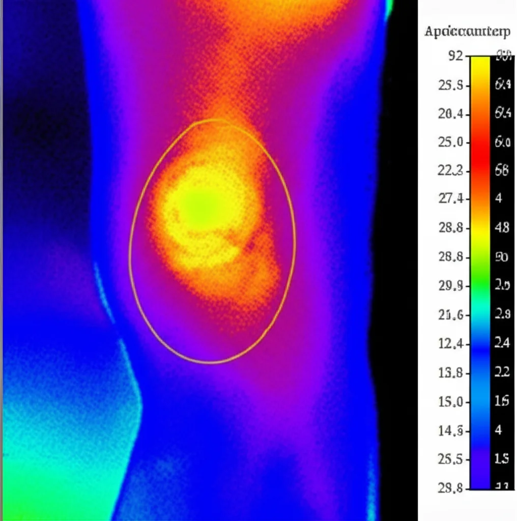 Primo piano di una termografia a infrarossi di una gamba umana, con aree di interesse (ROI) evidenziate sul ginocchio e sull'alluce. La scala di colori mostra chiaramente le differenze di temperatura. Macro lens, 100mm, high detail, precise focusing, controlled lighting, stile documentaristico medico.