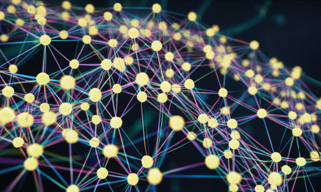 Visualizzazione astratta di una rete complessa di nodi interconnessi (ospiti) con particelle luminose (virus) che si diramano e si moltiplicano rapidamente. L'immagine dovrebbe evocare la fase di generazione massiva di possibilità in un sistema di calcolo naturale. Macro lens, 60mm, high detail, precise focusing, controlled lighting, con colori vibranti su sfondo scuro per enfatizzare la complessità e l'energia del processo.