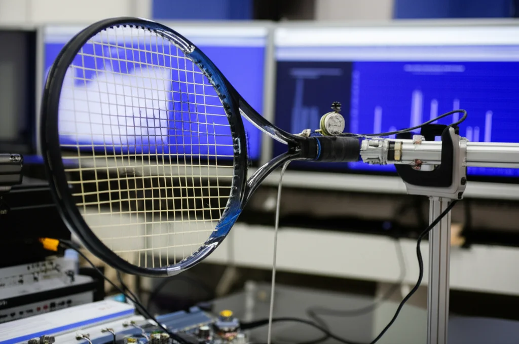 Un laboratorio di ingegneria sportiva con una racchetta da tennis montata su un supporto per analisi modale sperimentale. Un martello da impatto è sospeso vicino alle corde, pronto a colpirle, mentre un accelerometro è fissato al manico. Apparecchiature elettroniche e schermi mostrano grafici di dati. Obiettivo macro 70mm, illuminazione controllata da studio, alta definizione dei dettagli.